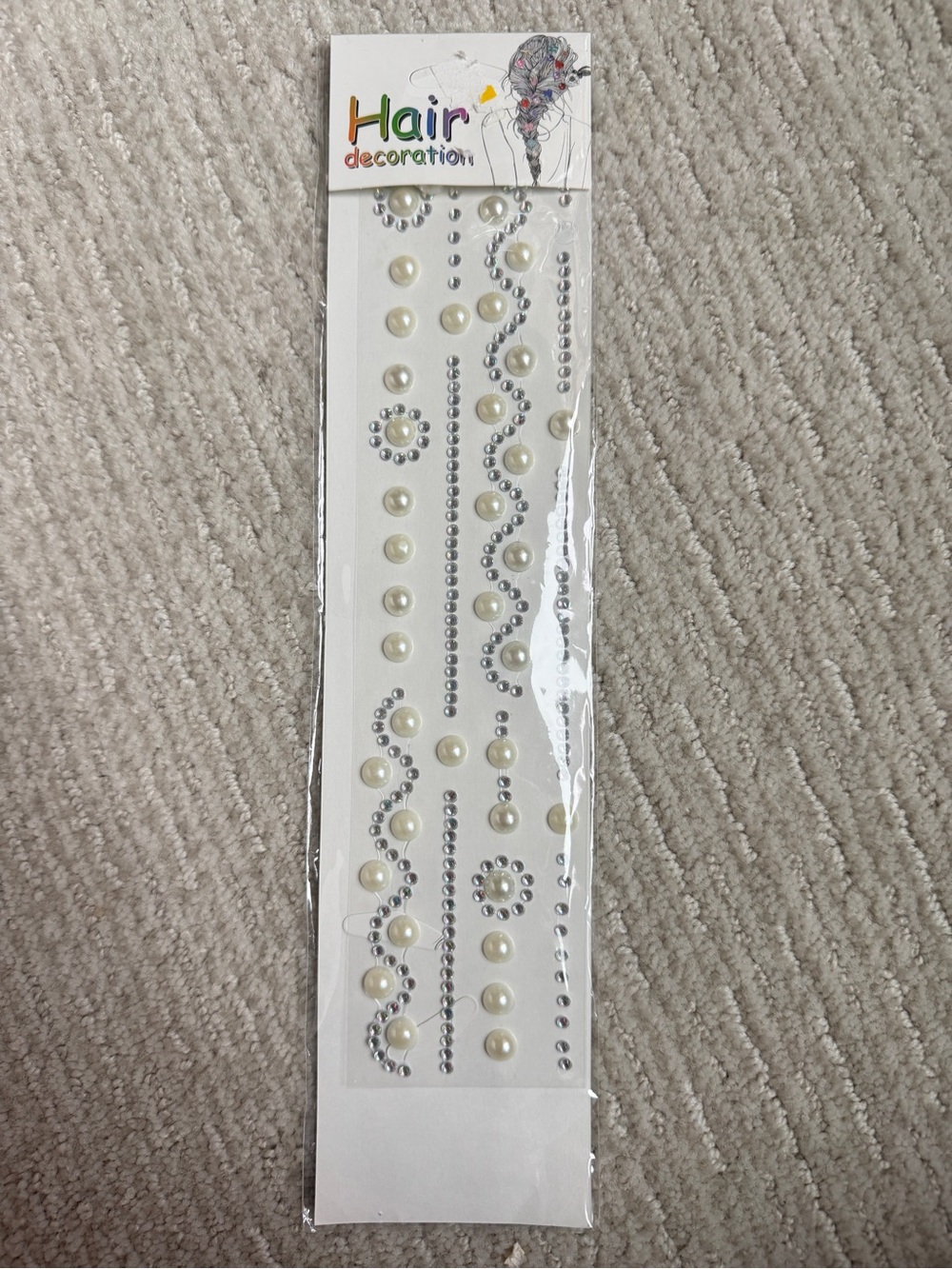 Hair Decoration Pearl & Rhinestone Sticker Strips - Ivory/Silver